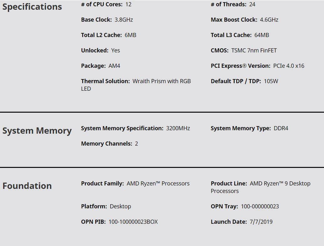 AMD Ryzen™ 9 3900X 12C/24T UPTO 4.6GHZ (Box Chính Hãng) 13 3900x Spec