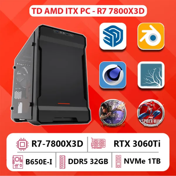 TD AMD ITX PC (R7-7800X3D, B650E-I, 32GB DDR5, RTX 3060Ti, SSD 1TB)