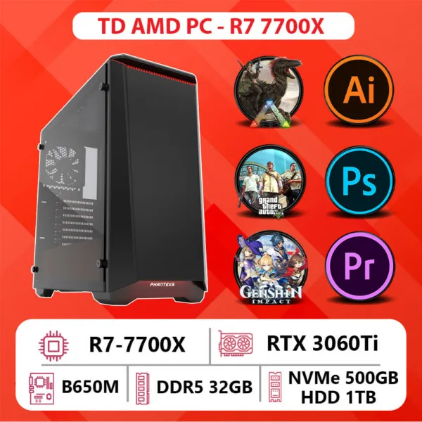 TD AMD PC (R7-7700X, B650M, 32GB DDR5, RTX 3060Ti, SSD 500GB, HDD 1TB)