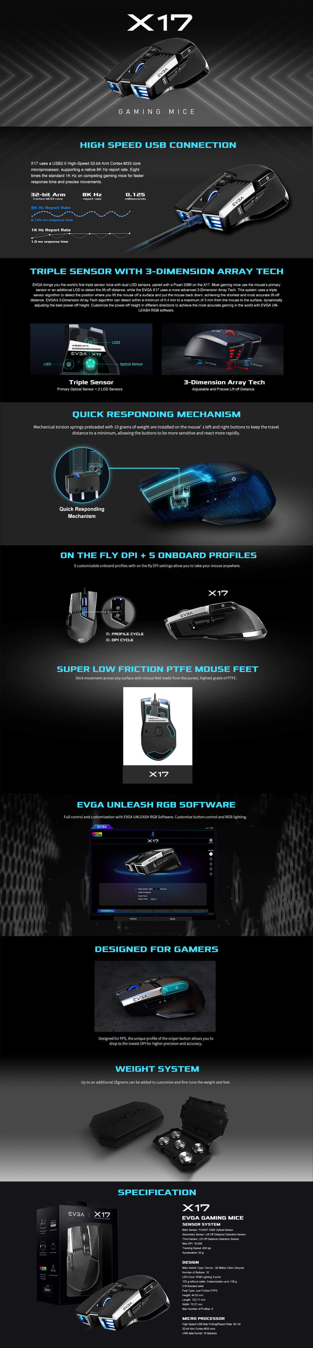 EVGA X17 Gaming Mouse - Wired - Grey - Customizable - 16,000 DPI - 5 Profiles - 10 Buttons - Ergonomic