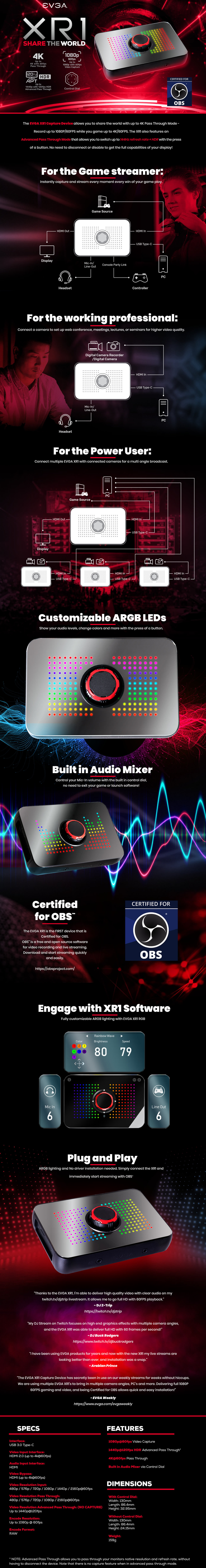 EVGA XR1 Capture Device EVGA XR1 Capture Device - Certified for OBS - USB 3.0 - 4K Pass Through - ARGB - Audio Mixer