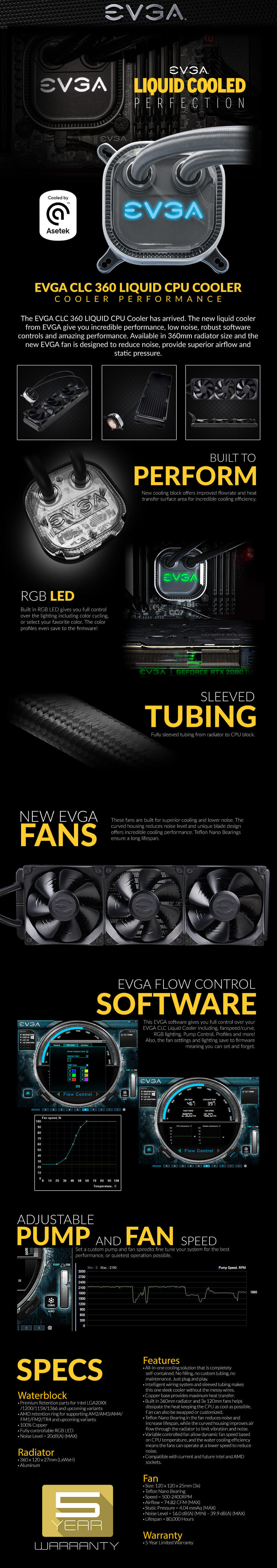 EVGA CLC 360mm All-In-One RGB LED CPU Liquid Cooler - 3x FX12 120mm PWM Fans