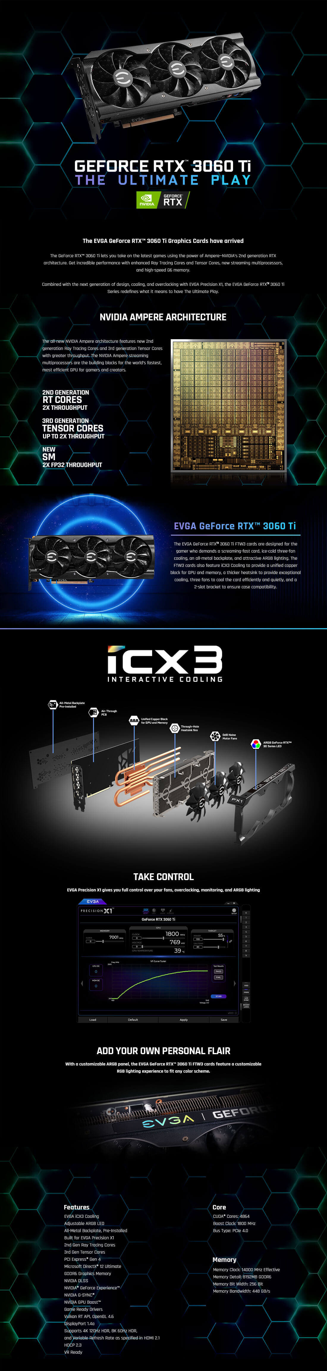 EVGA GeForce RTX™ 3060 Ti FTW3 ULTRA GAMING 8GB GDDR6 Features EVGA GeForce RTX™ 3060Ti FTW3 ULTRA GAMING - 8GB GDDR6 V2