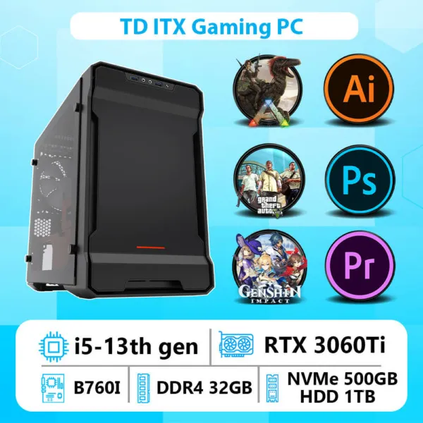 TD ITX Gaming PC (I5-13400F, 32GB DDR4, RTX 3060Ti, SSD 500GB, HDD 1TB)