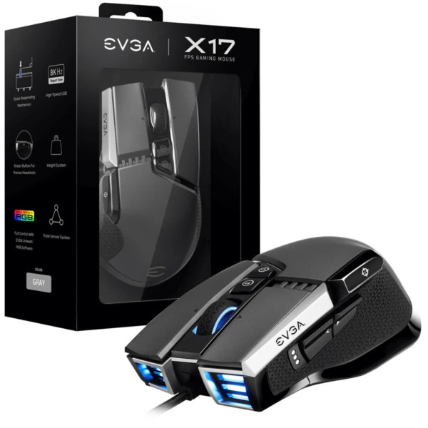 EVGA X17 Gaming Mouse - Wired - Grey - Customizable - 16,000 DPI - 5 Profiles - 10 Buttons - Ergonomic