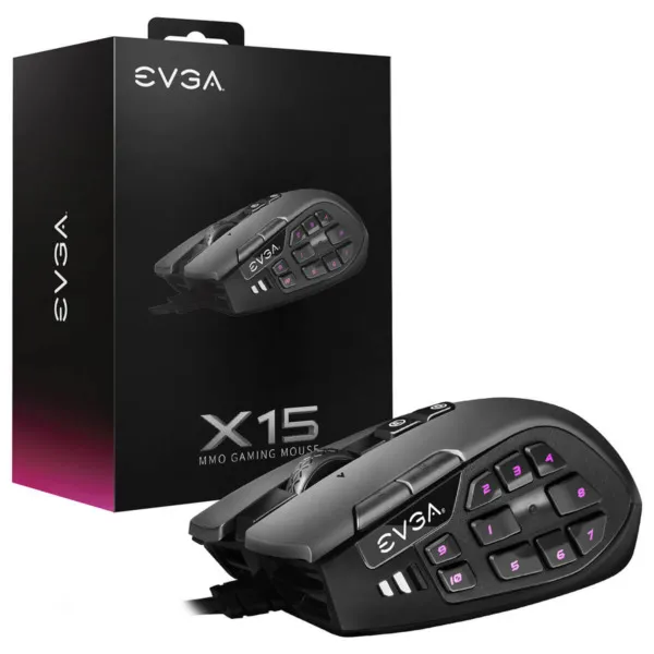 EVGA X15 MMO Gaming Mouse - 8k - Wired - Black - Customizable - 16,000 DPI - 5 Profiles - 20 Buttons - Ergonomic