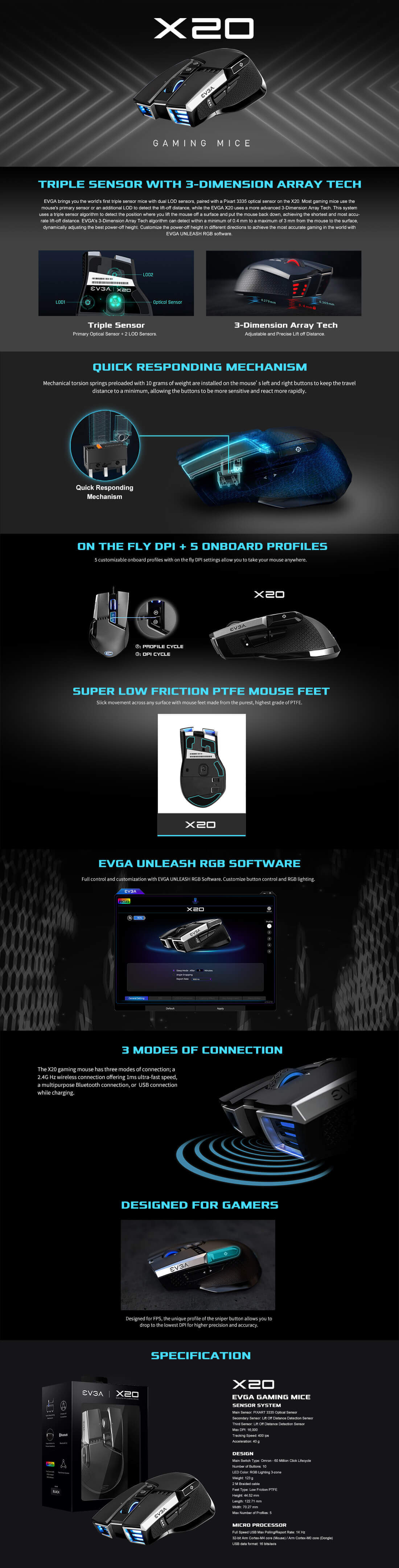 EVGA X20 Gaming Mouse - Wireless - Black - Customizable - 16,000 DPI - 5 Profiles - 10 Buttons - Ergonomic