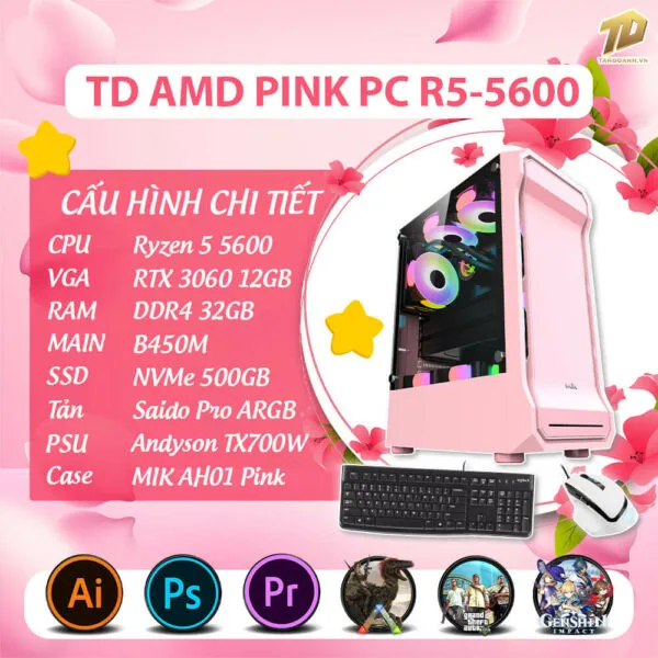 TD AMD PINK PC (R5-5600, RTX3060, B450M, 32GB DDR4, SSD 500GB)