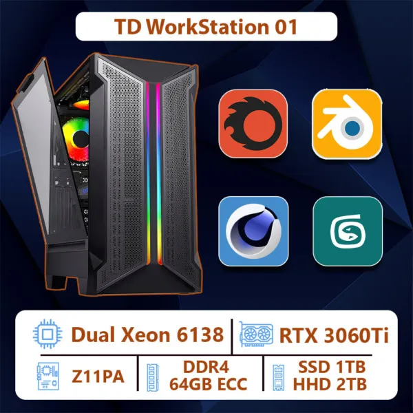TD Workstation 01 (Dual Xeon 6138, Z11PA, Ram 64GB ECC, RTX 3060ti, SSD 1TB, HDD 2TB)
