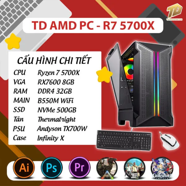 TD AMD PC (R7-5700X, B550M, RX7600, 32GB DDR4, SSD 500GB)