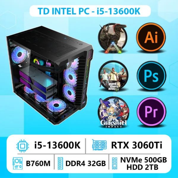 TD INTEL PC (i5 14600K, B760M, RTX 3060Ti, 32GB DDR4, SSD 500GB, HDD 2TB)