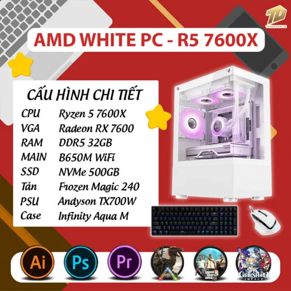 TD AMD WHITE PC (R5-7600X, B650M, 32GB DDR5, RX7600, SSD 500GB)