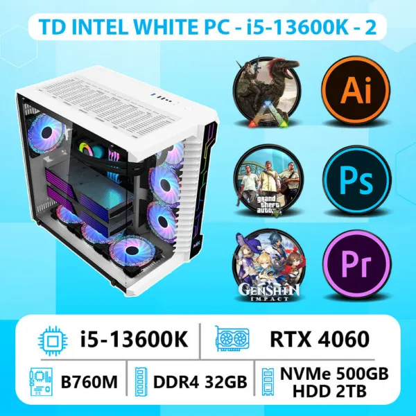 TD INTEL WHITE PC (i5 14600K, B760M, 4060ti 8GB, 32GB DDR4, SSD 500GB, HDD 2TB)