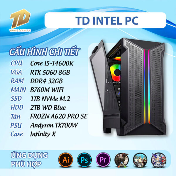 TD INTEL PC (I5-14600K, B760M, RTX5060, 32GB DDR4, SSD 1TB, HDD 2TB)