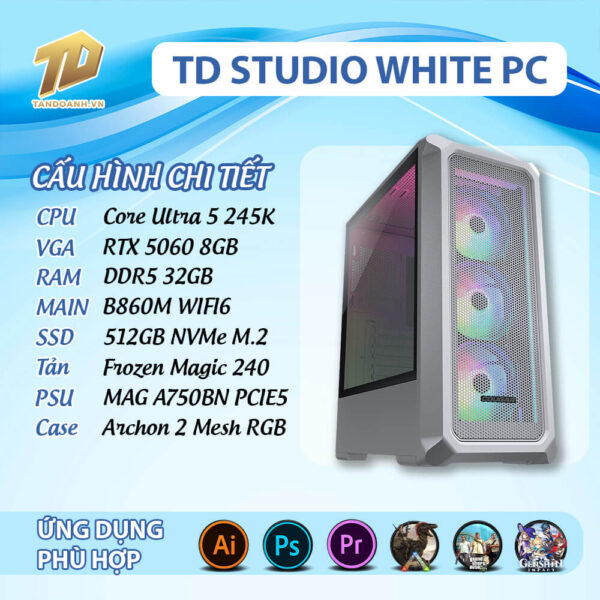 TD STUDIO WHITE PC (I7-13700K, B760M, RTX 5070 12GB, 32GB DDR4, SSD 512GB)