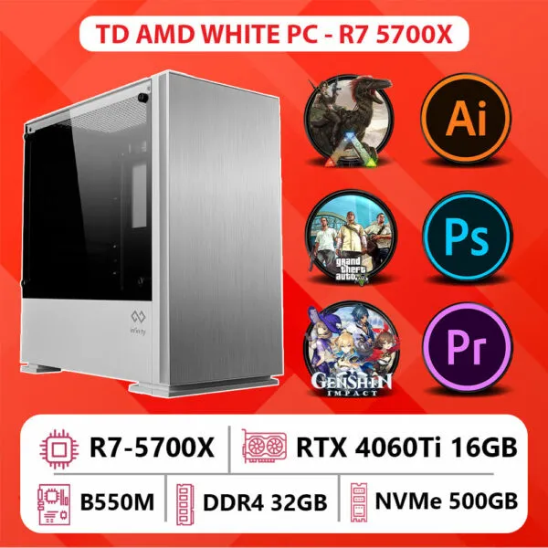 TD AMD WHITE PC (R7-5700X, B550M, 32GB DDR4, 4060Ti 16GB, SSD 500GB)