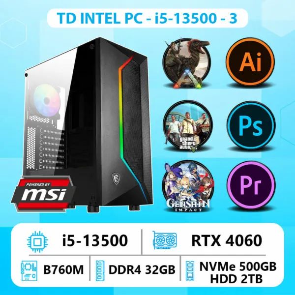 TD INTEL PC (I5-13500, B760M, RTX4060, 32GB DDR4, SSD 500GB, HDD 2TB)