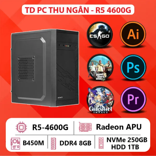 TD PC THU NGÂN (R5-4600G, B450, Ram 8GB, SSD 250GB, HDD 1TB, MÀN HÌNH 24″)