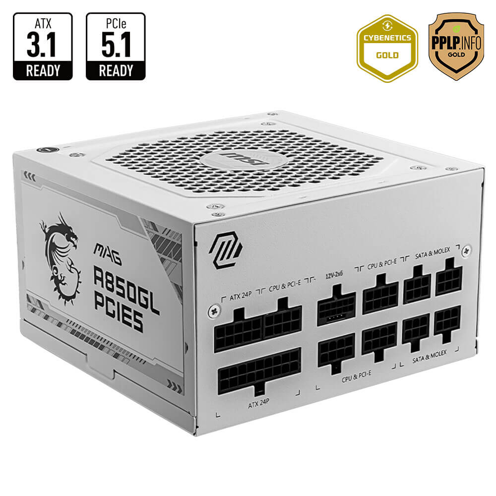 MAG A850GL PCIE5 WHITE ATX 3.1 H1 MSI MAG A850GL PCIE5 WHITE ATX 3.1- 850W 80Plus Gold – Fully Modular – Support PCIe Gen 5.1 Graphics Card
