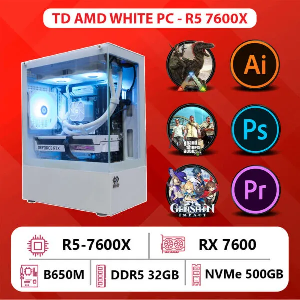 TD AMD WHITE PC (R5-7600X, B650M, 32GB DDR5, RX7600, SSD 500GB)