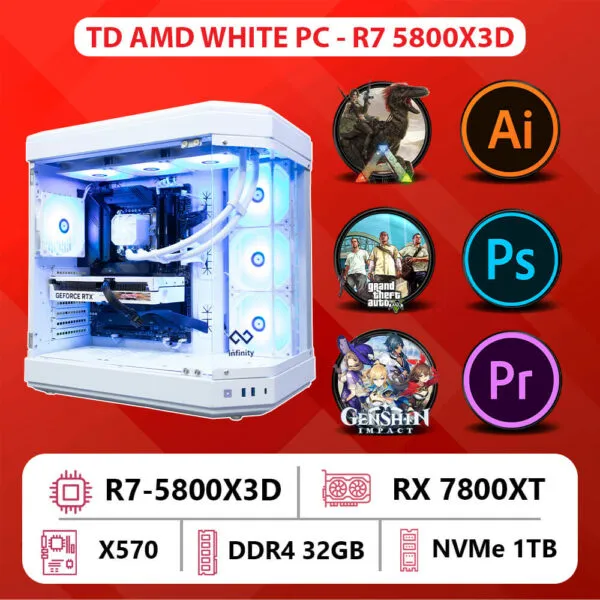 TD AMD WHITE PC (R7-5800X3D, X570, 32GB DDR4, 7800XT, SSD 1TB)