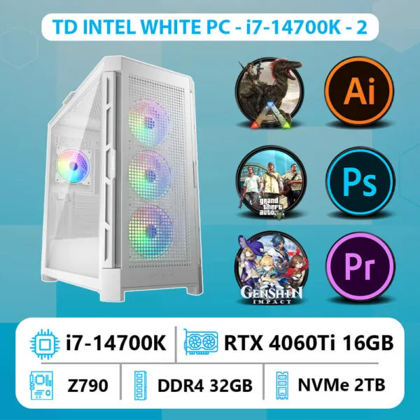 TD INTEL WHITE PC (I7-14700K, Z790, 32GB DDR5, 4060TI 16GB, SSD 2TB)