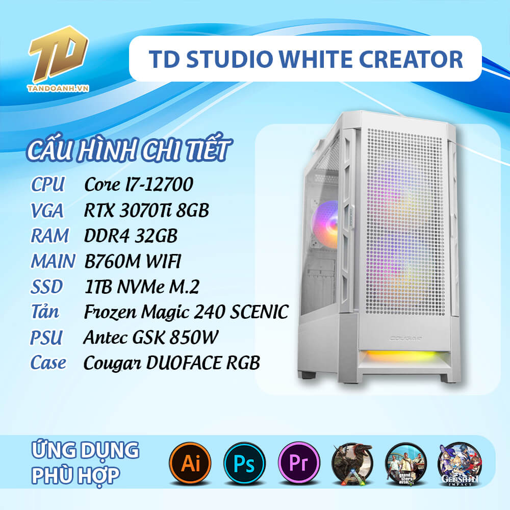 TD STUDIO WHITE PC 2025 I7 12700 TD STUDIO WHITE Creator (i7-12700 | RTX 3070 Ti | 32GB DDR4 | SSD 1TB)