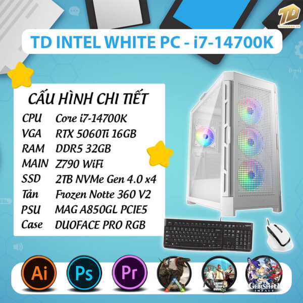 TD INTEL WHITE PC (I7-14700K, Z790, 32GB DDR5, 5060TI 16GB, SSD 2TB)