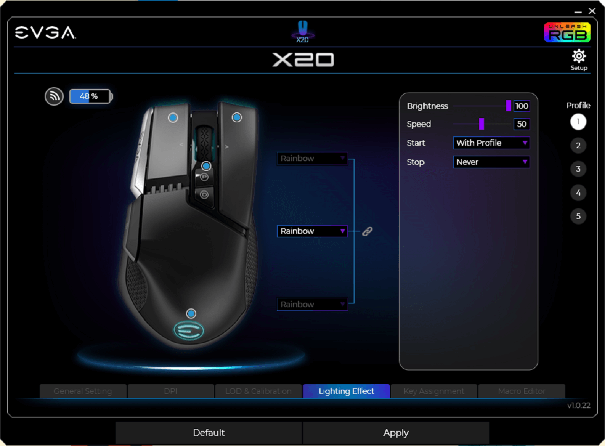 EVGA X20 Gaming Mouse - Wireless - Black - Customizable - 16,000 DPI - 5 Profiles - 10 Buttons - Ergonomic
