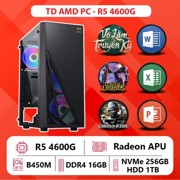 TD AMD PC (R5-4600G, B450M, 16GB DDR4, SSD 250GB, HDD 1TB)