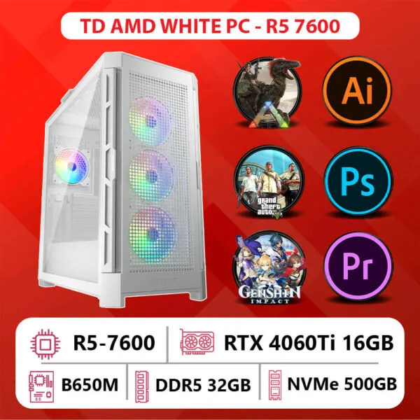 TD AMD WHITE PC (R5-7600, B650M, 32GB DDR5, 4060TI, SSD 500GB)