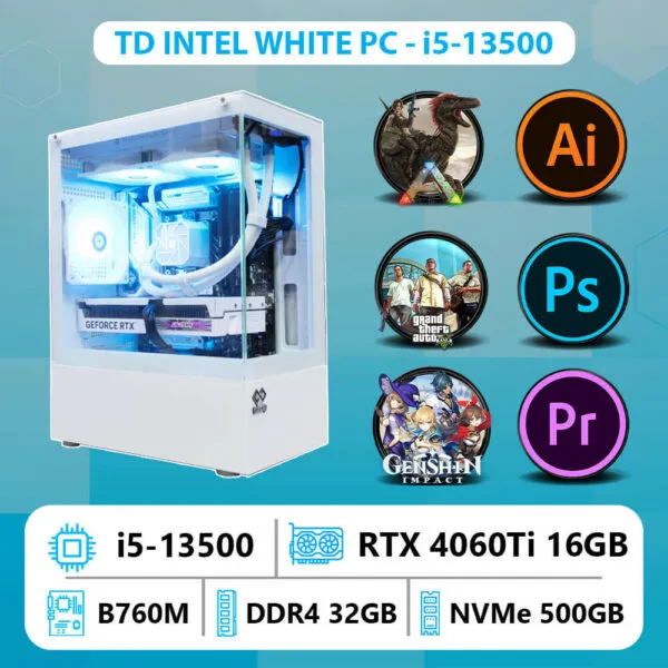 TD INTEL WHITE PC (I5-13500, B760M, 4060TI 16GB, 32GB DDR4, SSD 500GB)