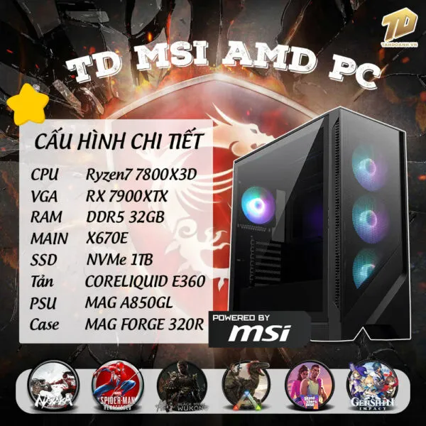 TD MSI AMD PC (R7-7800X3D, X670E, 32GB DDR5, RX 7900XTX, SSD 1TB)