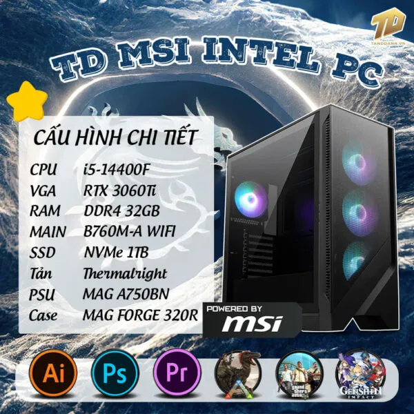 TD MSI INTEL PC (I5-14400F, B760M, 3060TI, 32GB DDR4, SSD1TB)