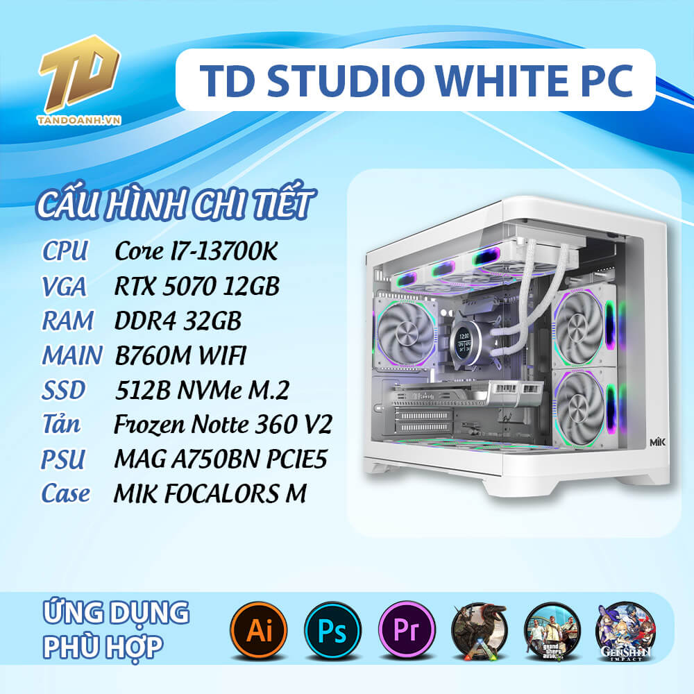 TD STUDIO WHITE PC 2025 I7 13700K 20.06 TD STUDIO WHITE PC (I7-13700K, B760M, RTX 5070 12GB, 32GB DDR4, SSD 512GB)
