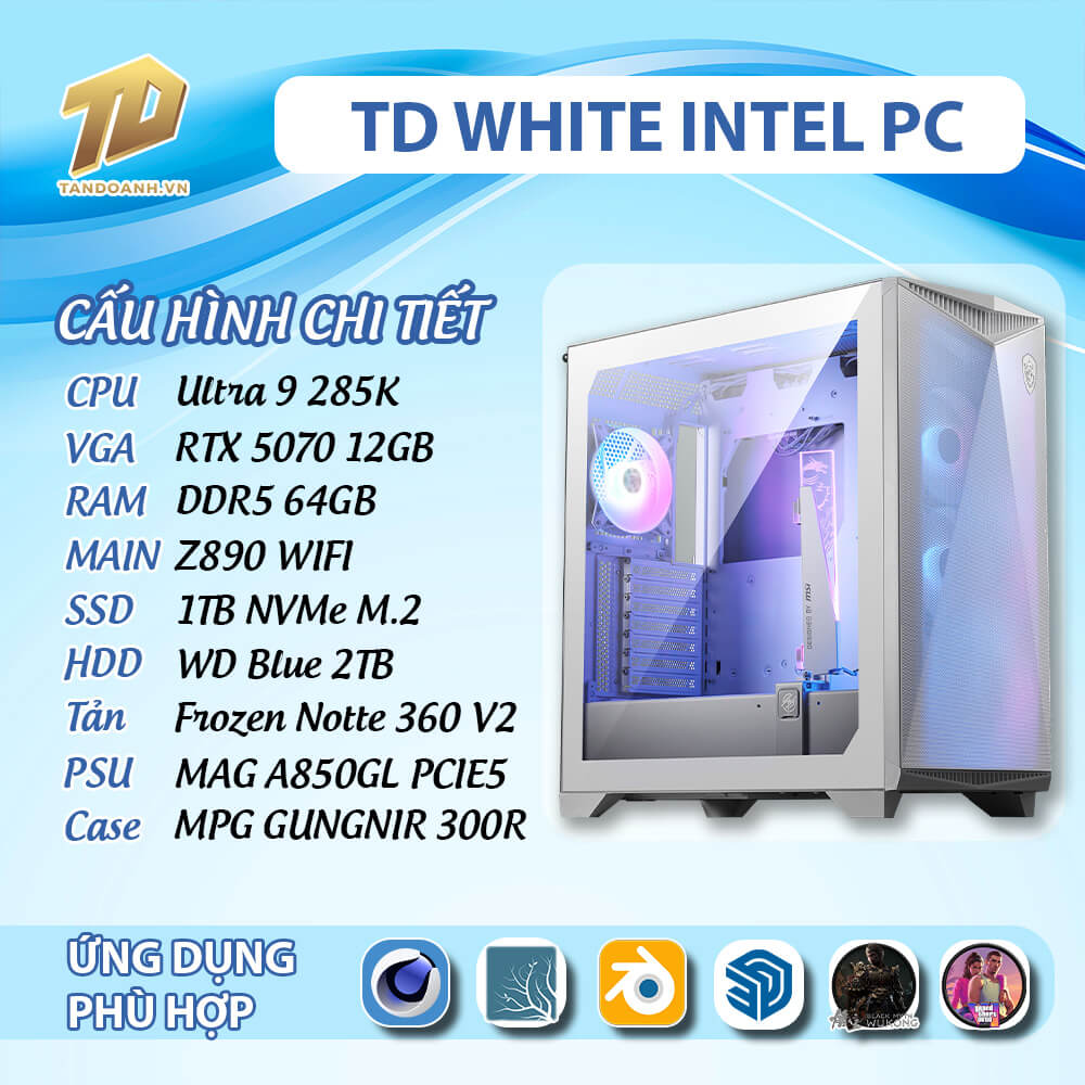 TD WHITE INTEL PC 2025 Ultra 9 285K TD WHITE INTEL PC (Ultra 9 285K, RTX5070, Z890, 64GB DDR5, SSD 1TB, HDD 2TB)