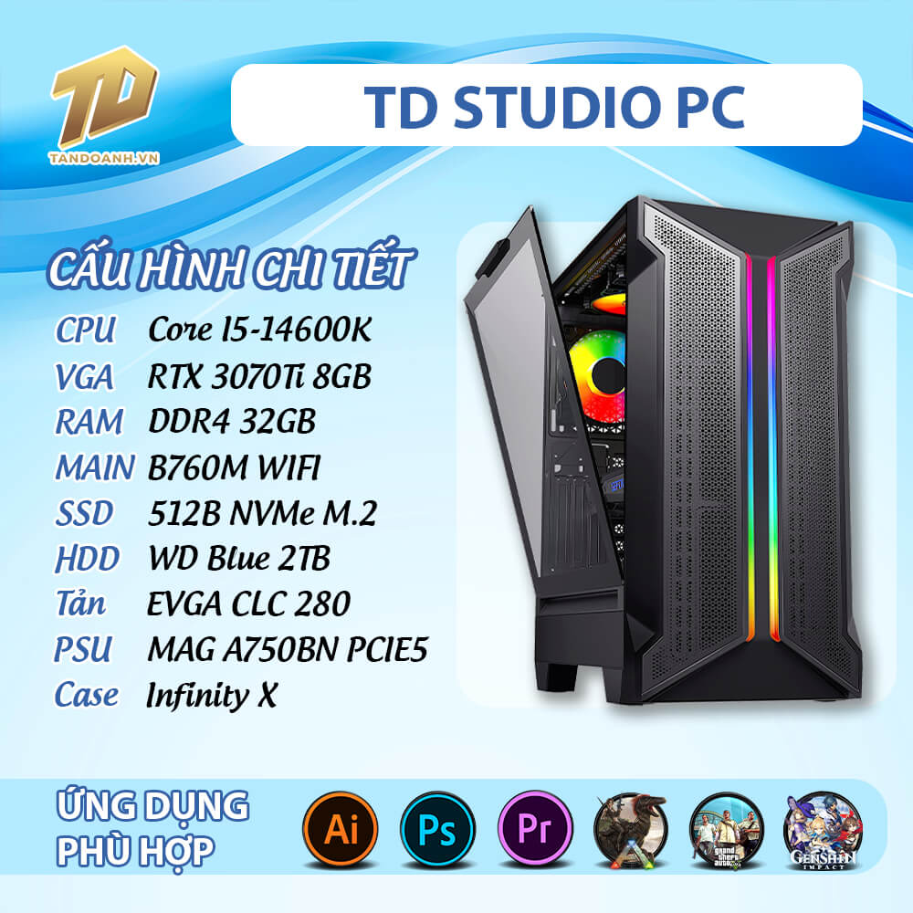 TD STUDIO PC 2025 I5 14600K 0507 TD STUDIO PC (i5-14600K, B760M, RTX 3070Ti, 32GB DDR4, SSD 512GB, HDD 2TB)