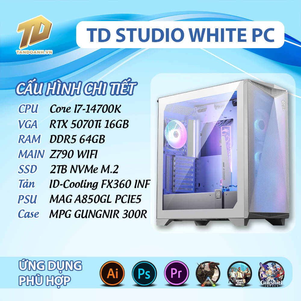 TD STUDIO WHITE PC 2025 I7 14700K TD STUDIO WHITE PC (I7-14700K, Z790, 64GB DDR5, 5070TI 16GB, SSD 2TB)