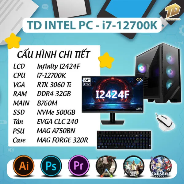 TD INTEL PC (i7-12700K, B760M, 3060ti, 32GB DDR4, SSD 500GB)