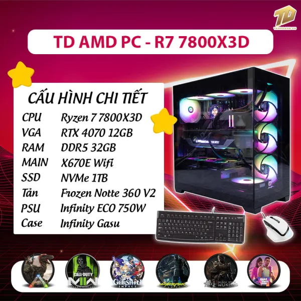 TD AMD PC (R7-7800X3D, X670E, 32GB DDR5, RTX4070, SSD 1TB)