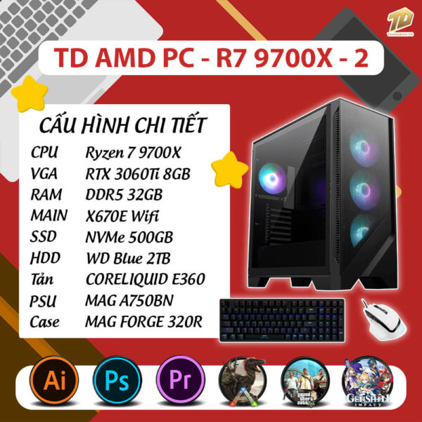 TD AMD PC (R7-9700X, 3070TI, X670E, 32GB DDR5, SSD 500GB, HDD 2TB)