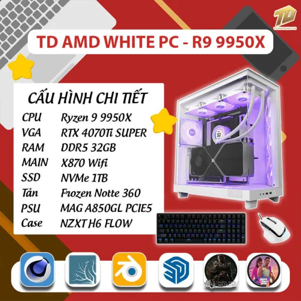 TD AMD WHITE PC (R9-9950X, 4070Ti SUPER, X870, 32GB DDR5, SSD 1TB)