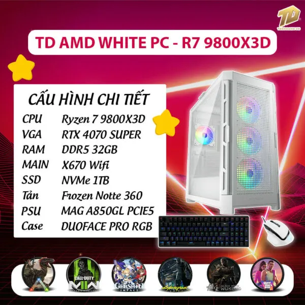 TD AMD WHITE PC (R7-9800X3D, 4070 SUPER, X670E, 32GB DDR5, SSD 1TB)