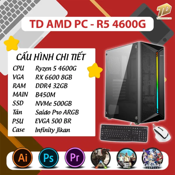 TD AMD PC (R5-4600G, B450M, 32GB DDR4, RX6600, SSD 500GB)