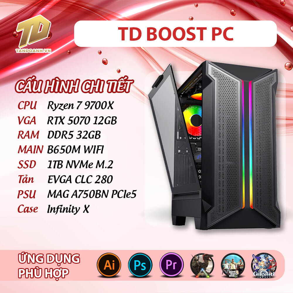 TD BOOST PC 2025 R7 9700X 16.09 TD BOOST PC (R7-9700X, RTX5070, B650M, 32GB DDR5, SSD 1TB)