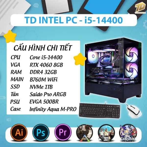 TD INTEL PC (I5-14400, B760M, RTX4060, 32GB DDR4, SSD 1TB)