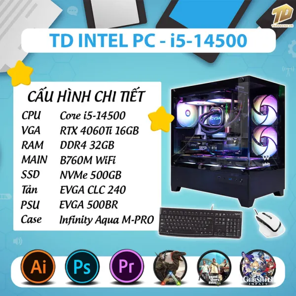 TD INTEL PC (I5-14500, B760M, RTX3060, 32GB DDR4, SSD 500GB)