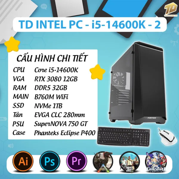 TD INTEL PC (I5-14600K, B760M, RTX3080, 32GB DDR4, SSD 1TB, COMBO 1)