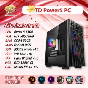 TD Power5 PC (R5-5500, B550M, 32GB DDR4, SSD 500GB, HDD 2TB, RTX5050)