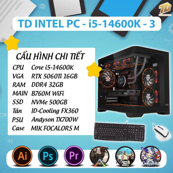 TD INTEL PC (i5 14600K, B760M, RTX5060TI 16GB, 32GB DDR4, SSD 500GB)